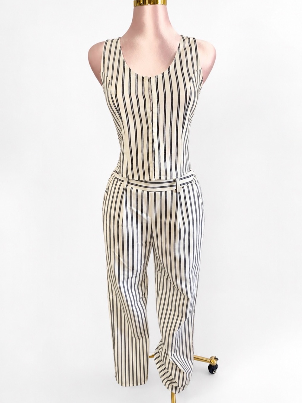 Striped Cream & Black Sleeveless Jumpsuit